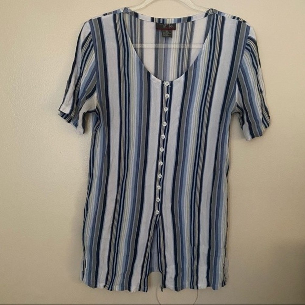 New York Style Striped Button Front Short Sleeve Blouse